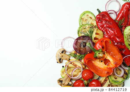 Concept of tasty eating with grilled vegetables, space for text Concept of tasty eating with grilled vegetables, space for text 84412719