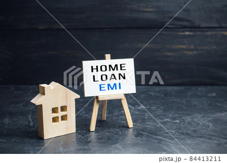 House with home loan EMI easel. Equated Monthly Installment loan. Reducing debt with regular payments over loans period. Attractive interest rates, customized repayment options. Payment plan 84413211