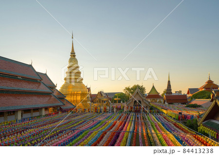 Colorful lanterns or lamps in travel trip and holidays vacation concept. Traditional festival in Harikulchai Temple, Lamphun, Thailand. Traditional ceremony in Asia. Celebration Colorful lanterns or lamps in travel trip and holidays vacation concept. Traditional festival in Harikulchai Temple, Lamphun, Thailand. Traditional ceremony in Asia. Celebration 84413238