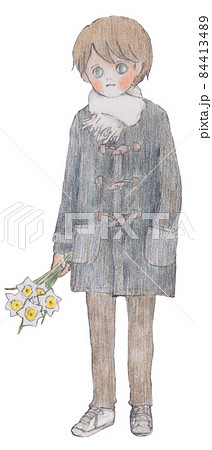 手描きイラスト コートを着て水仙の花を持つ男性のイラスト素材
