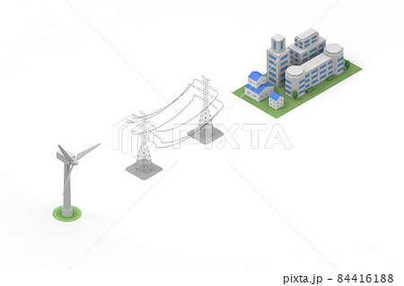 風力タービンと送電線と都市。電気を送る仕組み。再生可能エネルギーで二酸化炭素を削減。風でプロペラが回 84416188