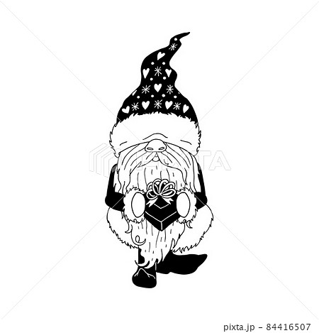 Black and white illustration of line art cartoon gnome holding gift bag 84416507