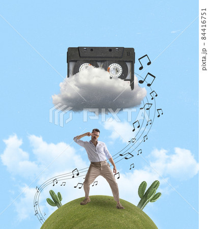 Contemporary art collage of artistic dancing man standing on green hill under playing music cassette isolated over blue background Contemporary art collage of artistic dancing man standing on green hill under playing music cassette isolated over blue background 84416751