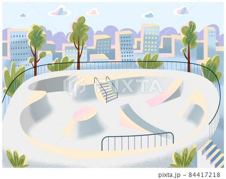 Skateboarding park outdoor background. Empty park with ramp for skating. Recreation at skatepark playground for extreme sport and leisure vector illustration. Landscape scene in nature 84417218