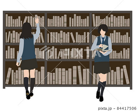 イラスト素材 本棚と本を選ぶ女子生徒のイラスト素材