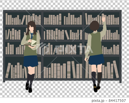 イラスト素材:本棚と本を選ぶ女子生徒 イラスト素材:本棚と本を選ぶ女子生徒 84417507