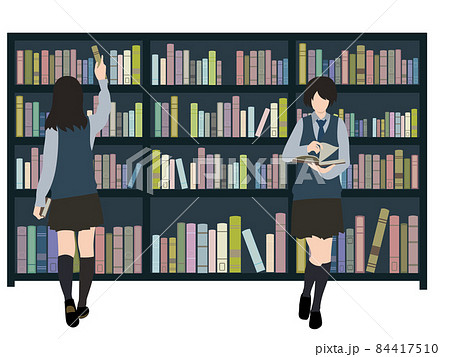 イラスト素材 パステルカラーの可愛い本が並んだ本棚と 本を選ぶ女子生徒のイラスト素材