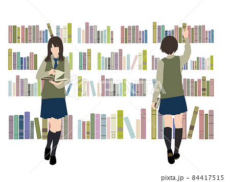 イラスト素材 パステルカラーの可愛い本が並んだ本棚と 本を選ぶ女子生徒のイラスト素材