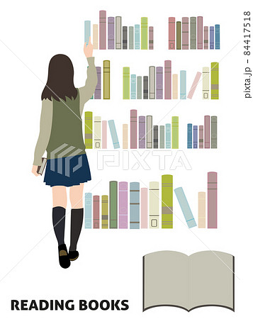 イラスト素材 パステルカラーの可愛い本が並んだ本棚と 本を選ぶ女子生徒 コピースペースあり のイラスト素材