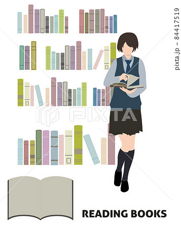 イラスト素材 パステルカラーの可愛い本が並んだ本棚と 本を選ぶ女子生徒 コピースペースあり のイラスト素材