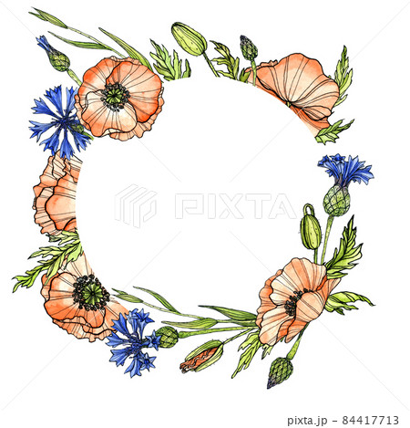 Poppies wreath in ink and watercolor. Wildflowers chaplet on white. Hand-drawn illustration. For invitation, card Poppies wreath in ink and watercolor. Wildflowers chaplet on white. Hand-drawn illustration. For invitation, card 84417713