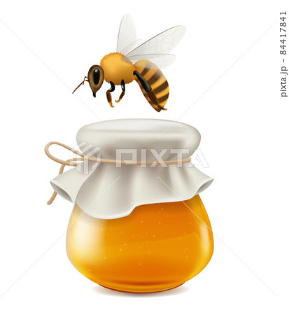 Big honey jar with bee on white background, realistic vector illustration 84417841