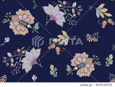 Seamless pattern with stylized ornamental flowers in retro, vintage style. Jacobin embroidery 84418500