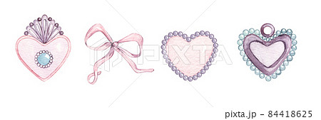 Watercolor set of Provence. brooch, heart, pendant, precious stones, button, pearls, bow, ribbon.For valentine or birthday cards, linen, wrapping paper, wallpaper, textile. isolated elements on white 84418625