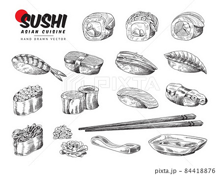 Big collection of hand drawn Japanese sushi sketch vector illustration isolated. Big collection of hand drawn Japanese sushi sketch vector illustration isolated. 84418876