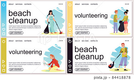 Beach cleanup and volunteering web banners set, flat vector illustration. Beach cleanup and volunteering web banners set, flat vector illustration. 84418878