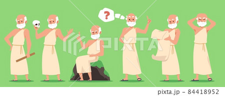 Cartoon male characters in togas and with beards in different poses 84418952