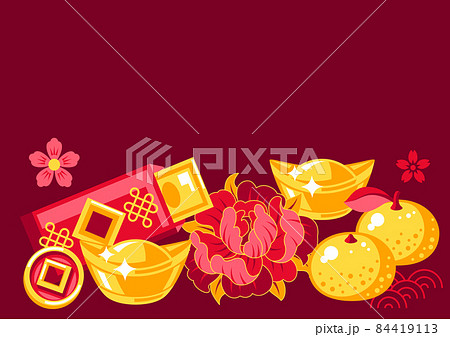 Happy Chinese New Year greeting card. Background with talismans and holiday decorations. Asian tradition symbols. Happy Chinese New Year greeting card. Background with talismans and holiday decorations. Asian tradition symbols. 84419113
