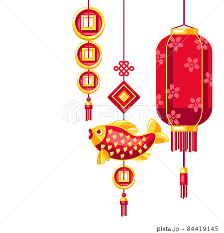 Happy Chinese New Year greeting card. Background with talismans and holiday decorations. Asian tradition symbols. Happy Chinese New Year greeting card. Background with talismans and holiday decorations. Asian tradition symbols. 84419145