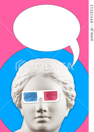 Collage with sculpture of human face in a pop art style. Creative concept image with statue head and comics bubble. Zine culture. Contemporary art poster. Comics design. Funky minimalism. Copy space. Collage with sculpture of human face in a pop art style. Creative concept image with statue head and comics bubble. Zine culture. Contemporary art poster. Comics design. Funky minimalism. Copy space. 84419313