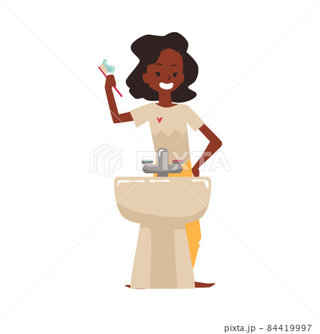 Happy smiling teenager brushes teeth, flat vector illustration isolated on white background. Happy smiling teenager brushes teeth, flat vector illustration isolated on white background. 84419997