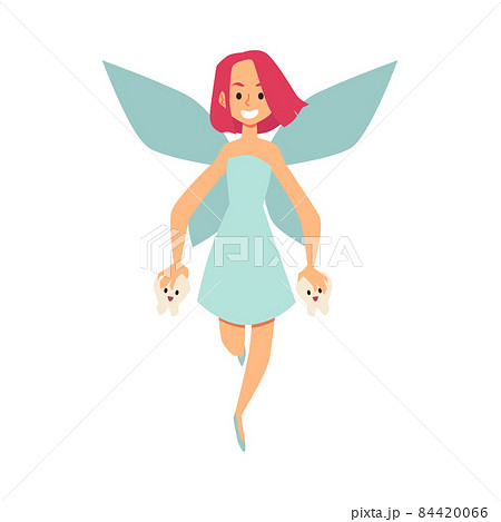 Beautiful tooth fairy with baby teeth in hands flat vector illustration isolated. Beautiful tooth fairy with baby teeth in hands flat vector illustration isolated. 84420066