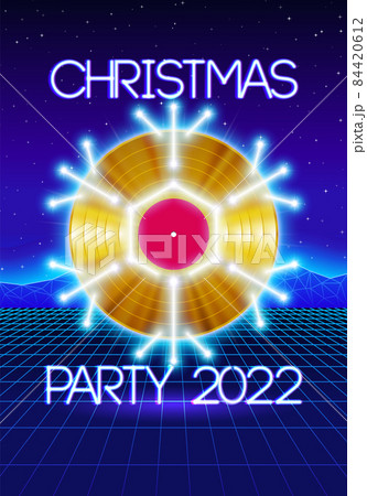 Christmas party invitation poster or flyer with 80s neon style and vinyl lp for dj 84420612