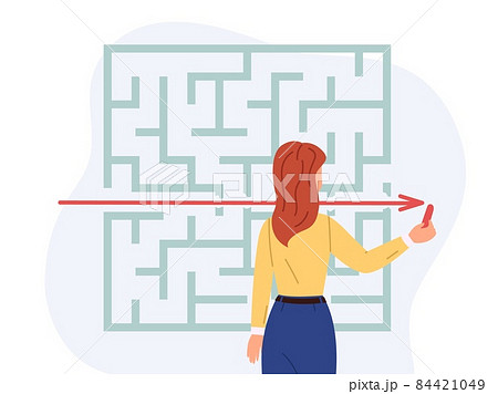 Audacious solution task. Direct path to goal. Woman solving puzzle. Mind exercise. Girl searching way. Logic riddle. Intellectual challenge. Person overcoming obstacles. Vector concept 84421049