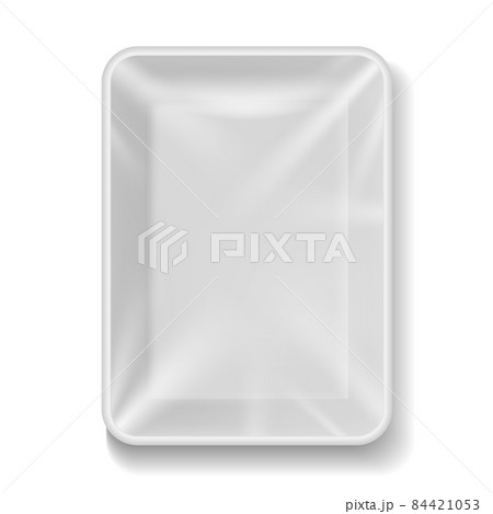 Tray plastic. Food package with transparent wrap. Realistic white empty container for vegetables, fruits and meat. Vacuum square lunch or dinner box top view. Package vector illustration 84421053