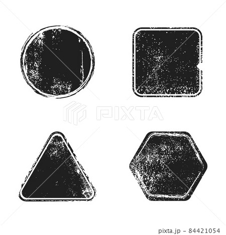 Stamps grunge. Black seal prints. Geometric dirty shapes. Isolated abstract ink frame templates. Rough paint textures. Warranty and approve graphic signs. Vector messy imprints set 84421054