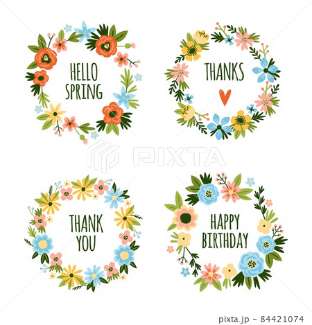Abstract flowers wreaths. Romantic beautiful circles, floral rings arrangement with cute inscriptions inside, hand drawn plants, spring summer flora frames with congratulation text, vector set Abstract flowers wreaths. Romantic beautiful circles, floral rings arrangement with cute inscriptions inside, hand drawn plants, spring summer flora frames with congratulation text, vector set 84421074