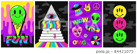 Psychedelic posters. Acid color 70s designs, surreal fantastic shapes, hippie lifestyle theme, swollen emoticons, abstract signs on bright background, trendy 80s creative banners vector set Psychedelic posters. Acid color 70s designs, surreal fantastic shapes, hippie lifestyle theme, swollen emoticons, abstract signs on bright background, trendy 80s creative banners vector set 84421075