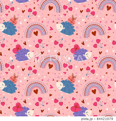 Seamless Valentines Day symbols. Cute pattern with love elements. Cartoon hedgehogs with hearts. Boho rainbows and cherries. Funny wallpaper. Holiday print. Vector romantic background 84421079