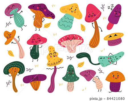 Cute mushrooms characters. Funny cartoon forest fungus, fairytale anthropomorphic natural objects, childish vegetable objects, cute autumn funny collection, vector doodle isolated set 84421080