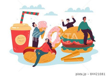 Tiny fast food fans. Little funny characters with big burger, hot dog, french fries and drink, happy people, junk unhealthy products, donut and ice-cream, vector cartoon isolated concept Tiny fast food fans. Little funny characters with big burger, hot dog, french fries and drink, happy people, junk unhealthy products, donut and ice-cream, vector cartoon isolated concept 84421081