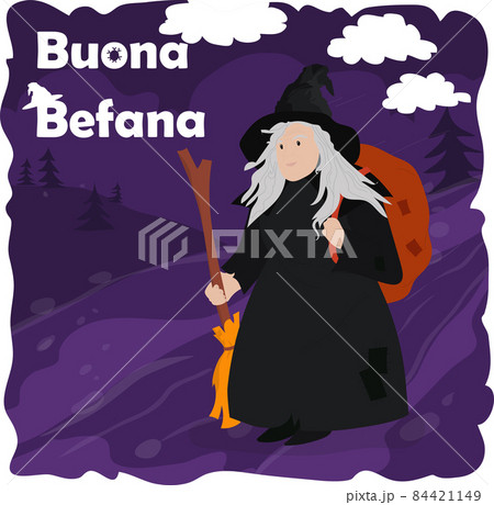 Buona Befana in Italian Merry Epiphany Christmas. Vector illustration	 84421149