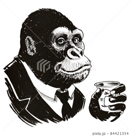 Gorilla drinking a glass of whiskey. Ink black and white drawing 84421354