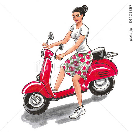 Pretty girl riding a red scooter. Ink and watercolour drawing 84421867