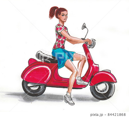 Pretty girl riding a red scooter. Ink and watercolour drawing 84421868