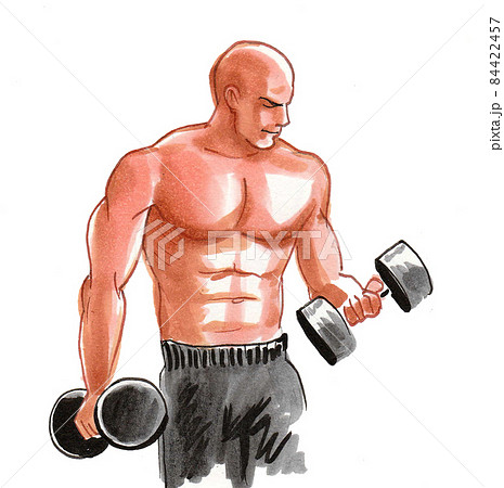 Bodybuilder lifting dumbbells. ink and watercolour drawing 84422457