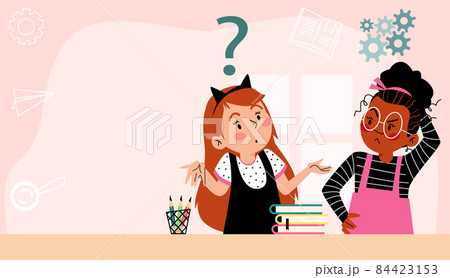 Banner with children making decisions pondering task, flat vector illustration. Banner with children making decisions pondering task, flat vector illustration. 84423153