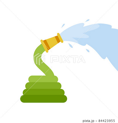 Hose. Jet of water. Fire fighting and watering of lawn. Green tube. Flat cartoon illustration Hose. Jet of water. Fire fighting and watering of lawn. Green tube. Flat cartoon illustration 84423955