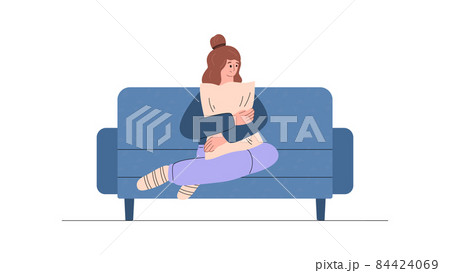 Lonely upset woman sitting on couch at home, flat vector illustration isolated. 84424069