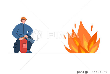 Extinguishing flame with fire extinguisher, flat vector illustration isolated. 84424079