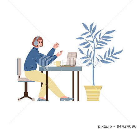 Telemarketing or customers support worker, flat vector illustration isolated. 84424096