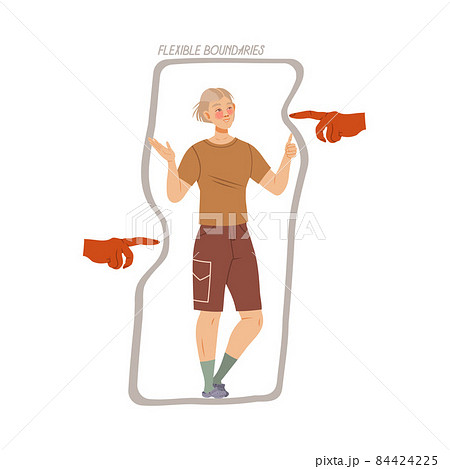 Flexible boundaries. Boy standing inside rectangular shape boundaries. Personal space concept cartoon vector illustration 84424225