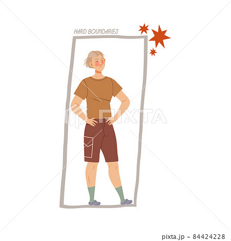 Hard boundaries. Boy standing inside drawn rectangular shape boundaries. Personal space cartoon vector illustration Hard boundaries. Boy standing inside drawn rectangular shape boundaries. Personal space cartoon vector illustration 84424228