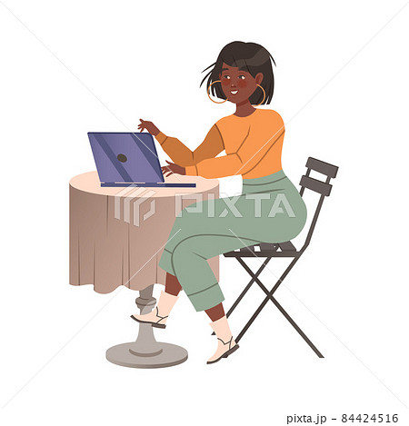 Girl sitting in cafe and working with laptop computer at cafe vector illustration Girl sitting in cafe and working with laptop computer at cafe vector illustration 84424516