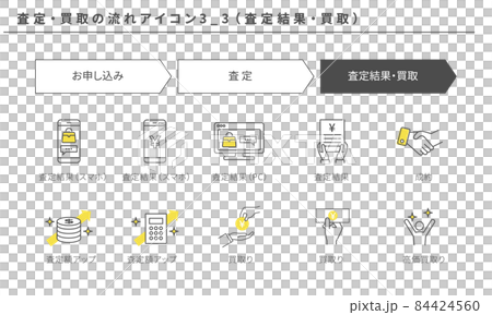 査定・買取のシンプルなフローアイコンセット3_3（査定結果・買取）、黄色とグレー 84424560
