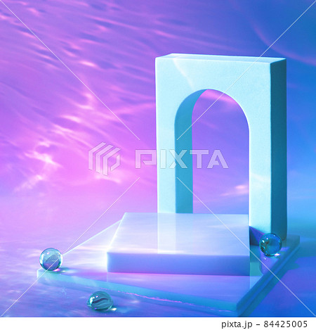empty scene with podium and arch on neon background  84425005